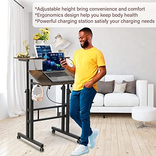 Hadulcet Mobile Standing Desk with Wheels, Rolling Desk Adjustable Height, Portable Laptop Table with Charging Station, Sit Stand up for Home Office, Study, Classroom, Rustic Brown - Image 6