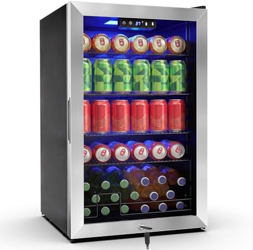 FoMup 20 Inch Beverage Refrigerator 150 Can with Glass Door – Mini Drink Cooler with Reversible Door, Safety Lock & Temperature Control, Small Fridge for Beer Soda Wine, Compact for Dorm Office Hotel by FoMup