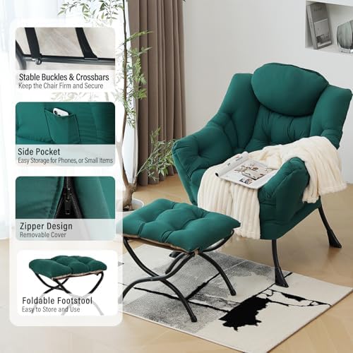 Furlide Lazy Chair with Ottoman, Soft Comfy Chair for Bedroom, Dark Green - Image 6