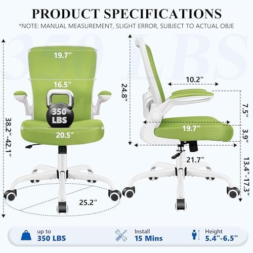 FelixKing Office Chair, Ergonomic Desk Chair Breathable Mesh Chairs Adjustable High Back Lumbar Support Flip-up Armrests, Executive Rolling Swivel Comfy Computer Chairs Home Office Green - Image 3
