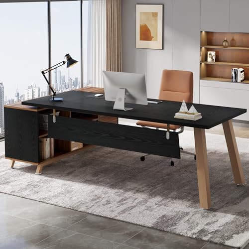 Tribesigns 78.7-Inch Executive Desk, L-Shaped Desk with 55-Inch Cabinet, Large Office Desk with Storage Shelves, Modern Computer Desk for Home Office, Black & Walnut - Image 4