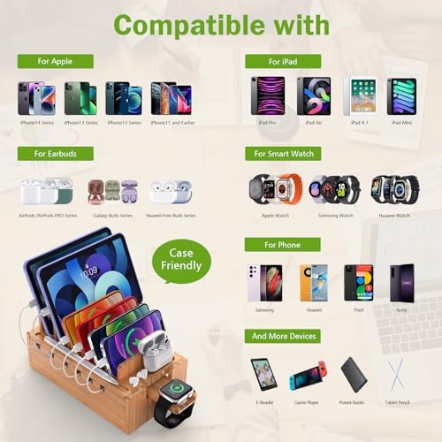 Pezin & Hulin Bamboo Charging Station with 5-Port USB & 5 Cables - Image 5