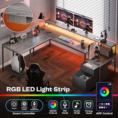 PRAISUN 66" L Shaped Gaming Desk with LED Lights & Power Outlets - Image 3
