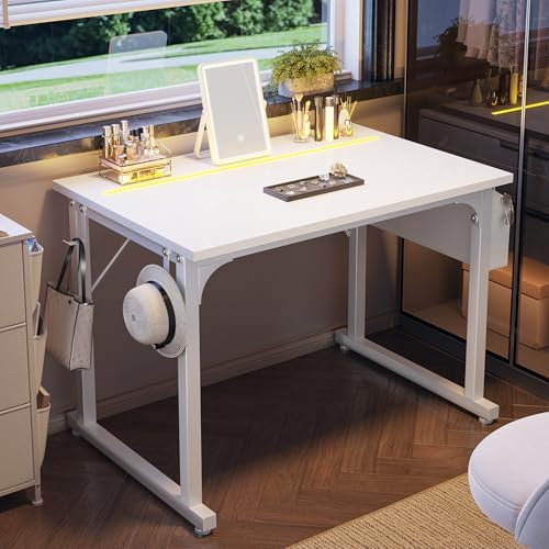DurayLoly 32" Gaming Desk with Waterproof LED Lights for Bedroom,White - Image 4