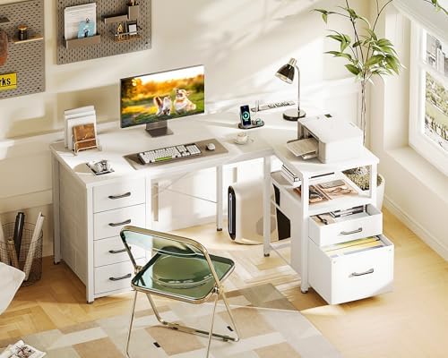Coleshome 55 Inch L Shaped Office Desk with 6 Drawers, Power Outlet, White - Image 2