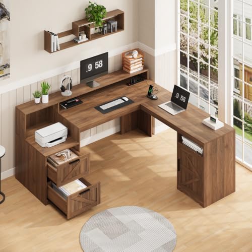 Farmhouse L Shaped Desk with Drawers & Printer Shelf for Home Office - Image 4