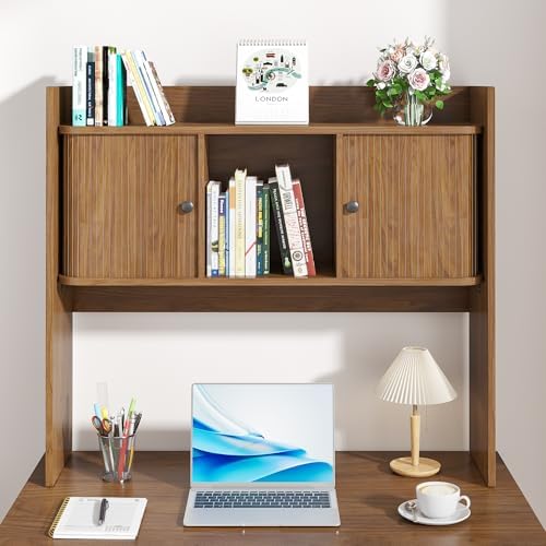 Mid Century Modern Desk Hutch Storage, 36 x 32 Inch Fluted Desktop Bookshelf, Wooden Desk Shelf Organizer with 2 Doors, for Laptop, Desktop Shelf for Dorm, Study, Office, Walnut, Brown - Image 5