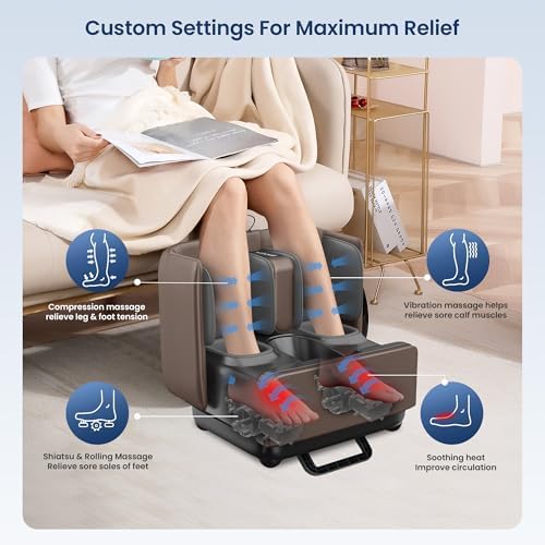 COMFIER 2 in 1 FSA Foot Massager Machine,HSA Shiatsu Foot and Calf Massager with Heat,Kneading,Vibration,Compression Massagers for Feet Health,Plantar Fasclitis,Gift for Mom Dad(Brown) - Image 2