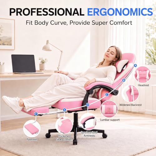 Desk Computer Gaming Chair - High Back Ergonomic Office Chair with Footrest and Lumbar Support, Swivel Comfy Home Gamer Video Game Chairs with Pocket Spring Cushion for Adults (Pink Leather) - Image 5