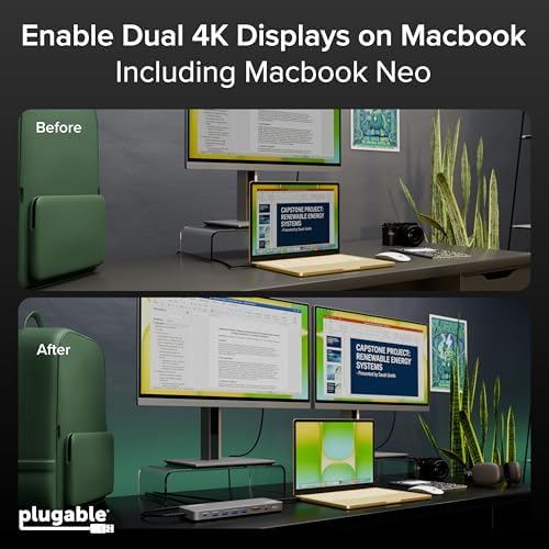 Plugable USB C Docking Station, Dual Monitor 4K 60Hz 2X HDMI or DisplayPort - Image 3