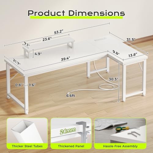 PRAISUN 53" L Shaped Computer Desk, Power Outlets, Monitor Stand, White - Image 3