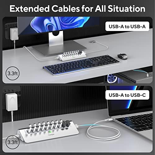 Powered USB Hub 10Gbps, intpw USB Port Hub with 10 Port USB 3.1 Data, 36W Power Adapter, 3.3FT USB-A & USB-C Cables, Aluminum USB Hub for PC, Laptop, Mac, Desktop - Image 6