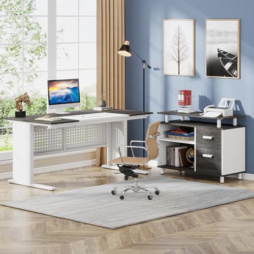 Tribesigns 63 Inch Executive Desk with File Cabinet, L Shaped Office Desk with Drawers and Storage Shelves, Business Furniture Set Workstation for Home Office, Gray and White - Image 3