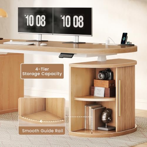 SEDETA 57" Standing Desk with Storage, Electric Height Adjustable Executive Fluted Desk with Curved Cabinets, Computer Desk with Power Strip for Home Office, Light Oak - Image 5