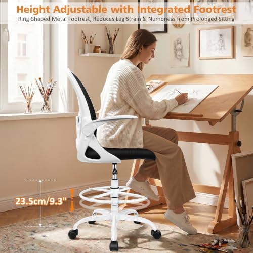 Drafting Chair Tall Office Chair with Flip-up Armrests, Adjustable Height, and Enhanced Lumbar Support - Ergonomic Rolling Stool, Back Support, and Adjustable Foot Rest Ring for Standing Desk White - Image 5