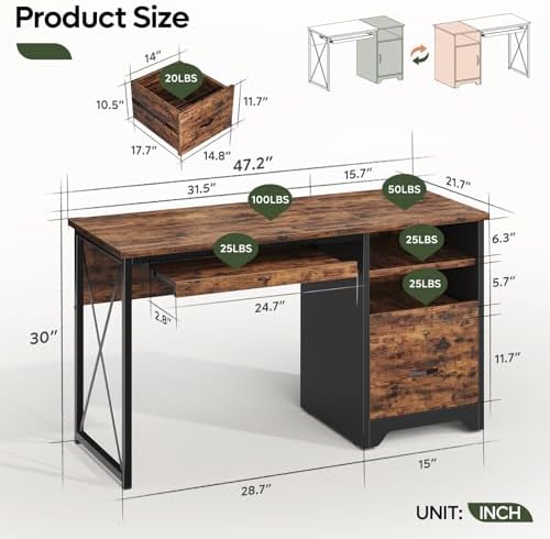 Bestier 47" Computer Desk with Drawers, Home Office Desk with Keyboard Tray, Reversible Industrial Office Desk with Storage Cabinet for Small Space Home Office & Studio, Rustic Brown - Image 2