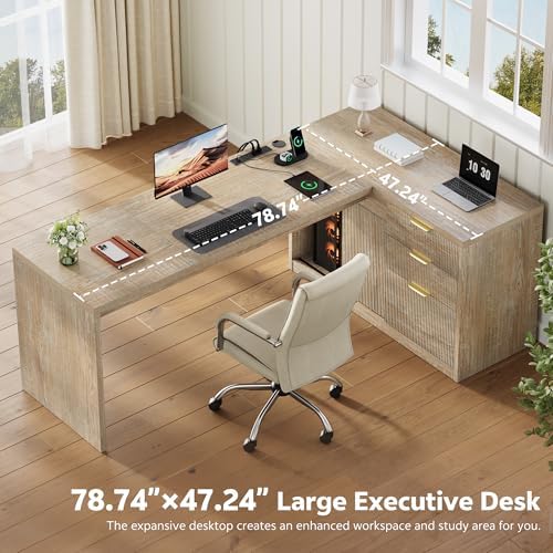 78.7" L-Shaped Office Desk with Drawers and File Cabinet Natural - Image 4