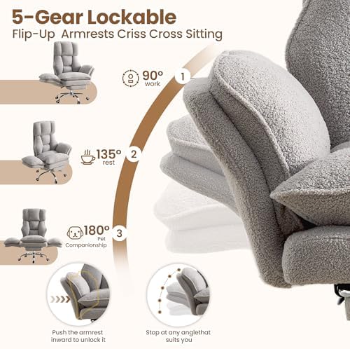 Big and Tall Office Chair with Flip Arms and Footrest, Teddy Criss Cross Legged Home Office Desk Chair with Pet Seat, Comfy Reclining Computer Gaming Chair, Grey - Image 6