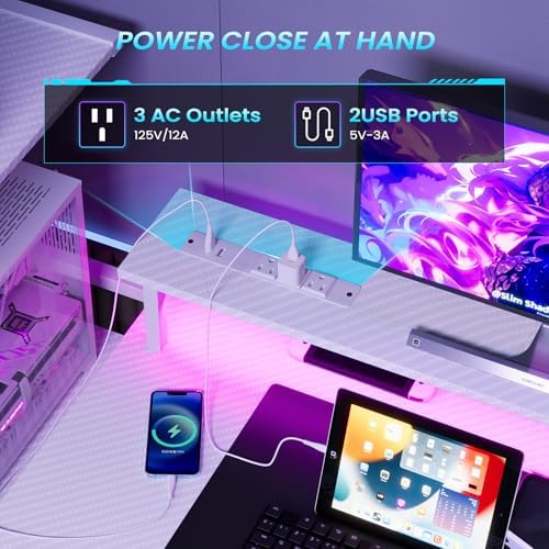 51in Gaming Computer Desk with Drawers & Power Outlet & LED Lights, White - Image 5