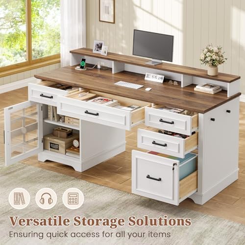 UPOSOJA 60'' Farmhouse Executive Desk with Drawers, Home Office Desk with Power Outlet & LED Light, Wood Computer Desk with Monitor Stand, Locking File Drawer, Glass Storage Cabinet, Hooks, White - Image 3