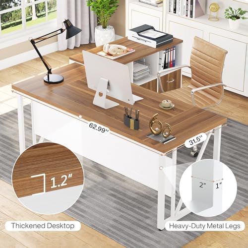 Tribesigns 63 inches Executive Desk and 47" lateral File Cabinet, L-Shaped Computer Desk Home Office Furniture Set with Drawers and Storage Shelves, Office Table with Cabinet (Walnut+White, 63) - Image 4