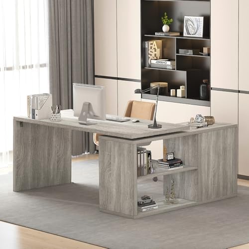 HSH L Shaped Corner Desk, Reversible Computer Desk, Light Grey, 55 Inch by HOMESWEETHOME