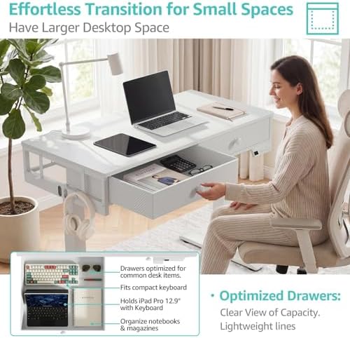 KLUVIS White Electric Standing Desk with Drawers, 39 Inch Small Adjustable Desk with Storage, Sit Stand Computer Study Writing Desks for Small Space Home Office, Stand Up Work Desks for Walking Pad - Image 6
