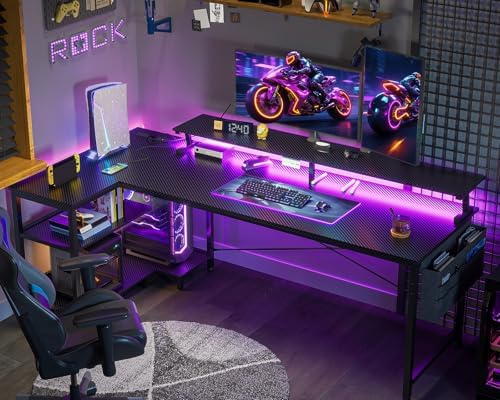 ODK 66 Inch L Shaped Gaming Desk with LED Lights, Power Outlets, Black - Image 2