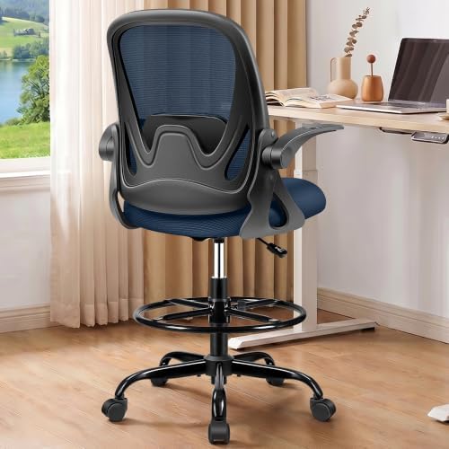 Drafting Chair Tall Office Chair with Flip-up Armrests, Adjustable Height, Enhanced Lumbar Support Ergonomic Rolling Stool, Back Support, Adjustable Foot Rest Ring for Standing Desk Navy - Image 2
