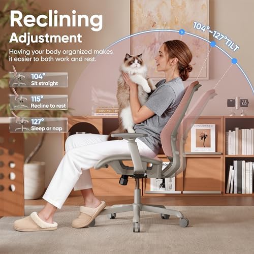 ELABEST Mesh Office Chair,Ergonomic Computer Desk Chair,Sturdy Task Chair- Adjustable Lumbar Support & Armrests,Tilt Function,Comfort Wide Seat,Swivel Home Office Chair (Pink) - Image 4