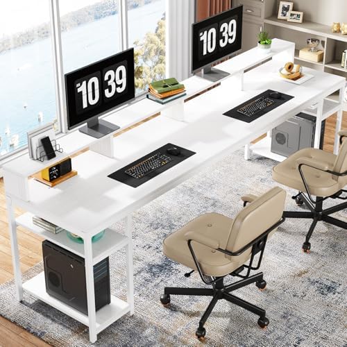Tribesigns Two Person Desk with Monitor Stand, 78.74" Long Double Computer Office Desk with Storage Shelves, Large Gaming Desk Study Writing Table Workstation for Home Office (White) by Tribesigns