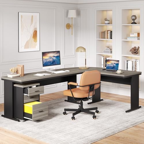 Tribesigns 83" L-Shaped Executive Desk, Large Office Desk with Drawes, Industrial Corner Computer Table with File Cabinet, Business Workstation for Home Office (Gray, 83") - Image 5