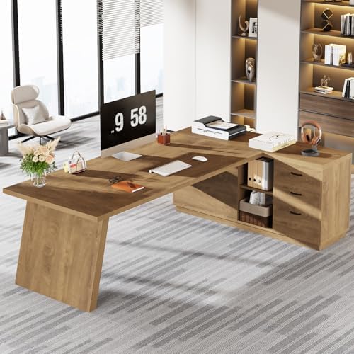 Tribesigns 78-Inch L-Shaped Executive Desk, Office Desk with Drawers and Lateral File Cabinet, Large Computer Workstation with Storage Shelves (Brown) - Image 4