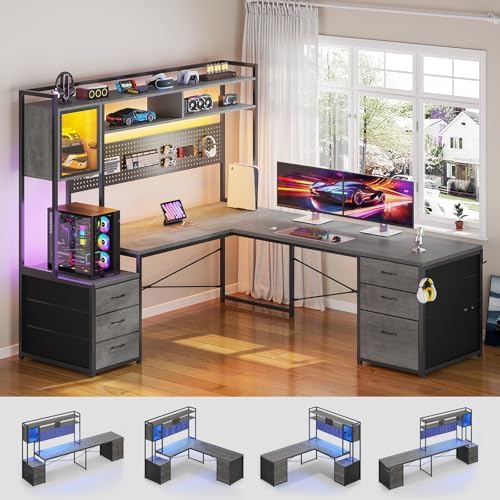SEDETA Reversible L Shaped Gaming Desk with 6 Drawers, Hutch, Led Lights - Image 3