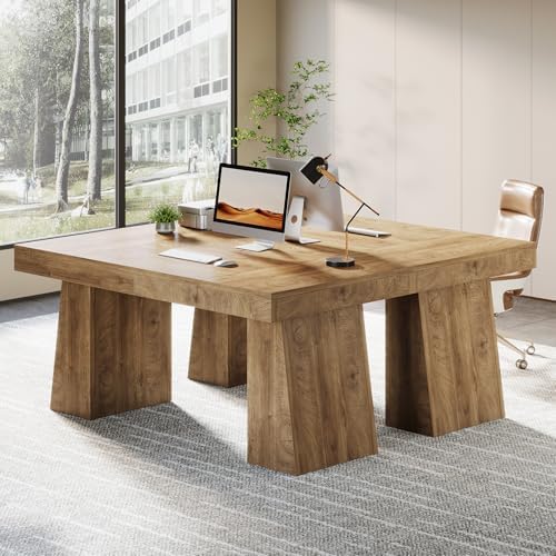 Tribesigns 55-Inch Executive Desk, Thick Wood Office Computer Desk with Double Pedestal, Modern Minimalist Workstations Writing Table Conference Table Furniture for Home Office, Brown - Image 5