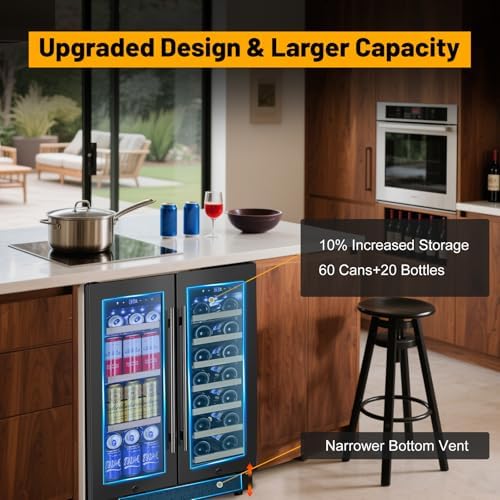 FoMup Wine and Beverage Refrigerator, 24 Inch Beverage Cooler Dual Zone with Glass Door, Under Counter Beverage Fridge with Upgraded 60 Cans 20 Bottles Large Capacity, Black - Image 6