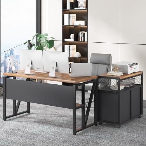 Tribesigns 55" Executive Desk with Reversible File Cabinet, Large L-Shaped Office Desk with Drawers, Business Furniture Workstation for Home Office (Dark Walnut, 55-inch) - Image 3
