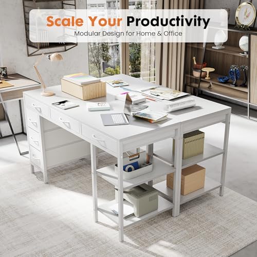 Sweetcrispy 55" Computer Desk with 6 Fabric Drawers & Storage Shelves - Image 5