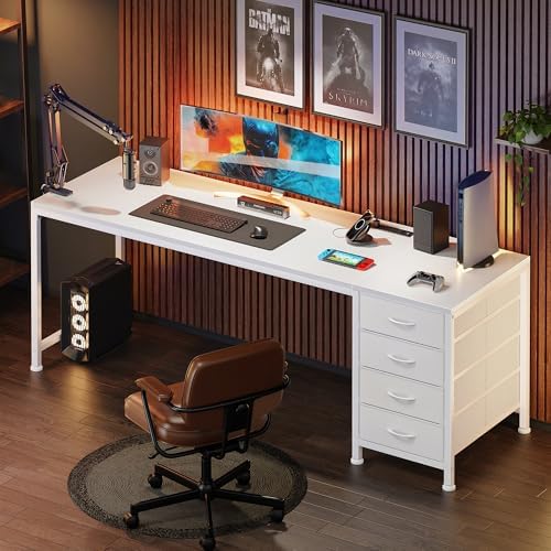 PRAISUN 63 Inch Computer Office Desk with Power Outelts and USB-C Port, Reversible Gaming Desk with 4 Fabric Drawers, Work Study Desk Work from Home, White - Image 7