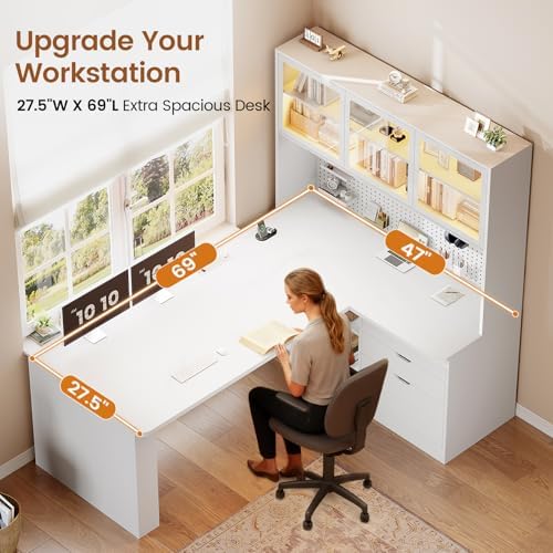 SEDETA L Shaped Corner Gaming Desk with 3 Wood Drawer and Large Bookshelf - Image 4