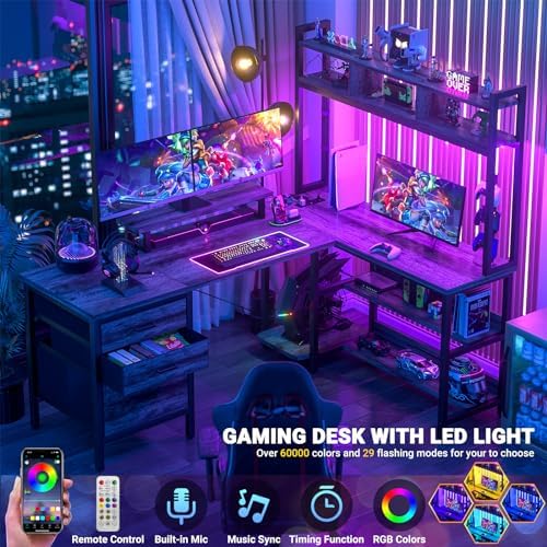 Aheaplus L Shaped Desk with Hutch, Gaming Desk with Led Lights, Reversible Computer Desk with Power Outlet, Corner Desk with File Drawer & Monitor Stand, Storage Shelves for Home Office, Black Oak - Image 3