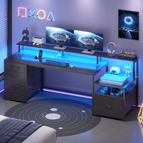 SEDETA Computer Desk with 5 Drawer, Power Outlet, Led Lights, Black - Image 3