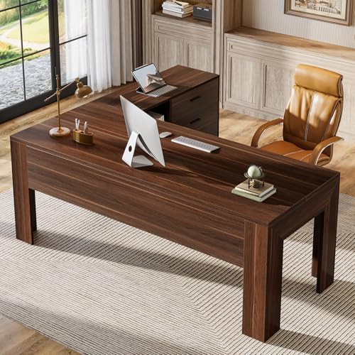Tribesigns 63" L Shaped Desk with File Cabinet, Large Executive Office Desk with Rolling Filing Cabinet, Long Computer Table with Drawers and Shelves, Business Furniture Set for Home Office, Walnut by Tribesigns