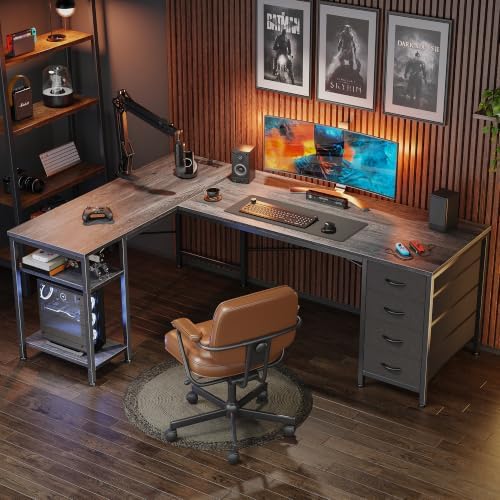Huuger 55 Inch L Shaped Desk with Fabric Drawers, Reversible Computer Gaming Desk with Power Outlets and USB-C Port, Adjustable Side Storage Shelves, for Work Study Corner Home Office, Grey,1CD078H - Image 4