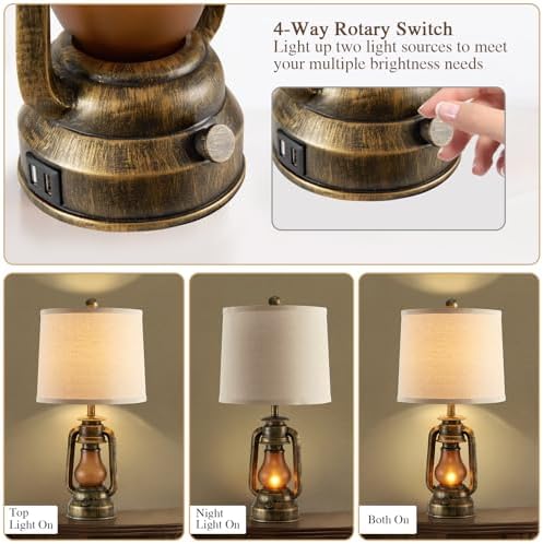 Set of 2 Farmhouse Lantern Table Lamps for Living Room with 2 USB Charging Ports, Rustic Vintage Nightstand Lamps with Nightlight for Bedroom End Table Entryway, 4 Bulb Included - Image 4
