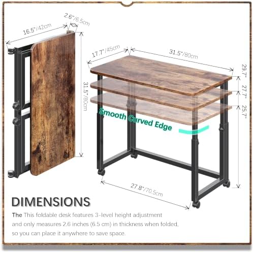 4NM No Tool Assembly 31.5" Small Desk, Folding Portable Desk with Wheels, Adjustable Height Foldable Computer Home Office Desks, Collapsible Study Writing Table for Space Saving Bedroom - Rustic Brown - Image 2