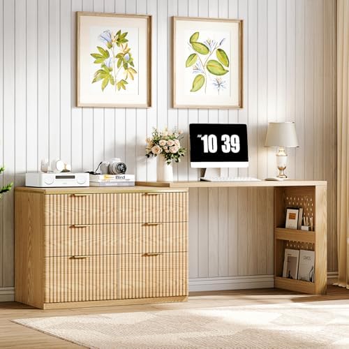 Ieejdn Computer Desk with 6 Drawers, 78" Modern Writing Desk with 0.98" Thickened Desktop & Storage Shelves, Adjustable Direction & Extendable Executive Office Desk Study Table for Home Office, Oak by Ieejdn