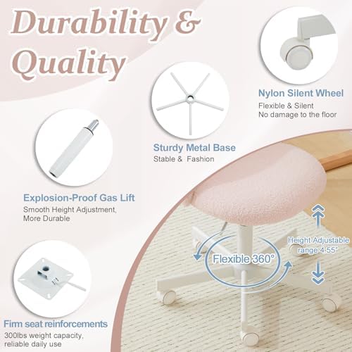 VINGLI Cute Candy Chair Armless Comfy Small Office Desk Vanity Chair with Wheels & Lumbar Support,Teddy Adjustable Rolling Swivel Computer Task Ch for Home Office,Bedroom,Gentle Pink - Image 5