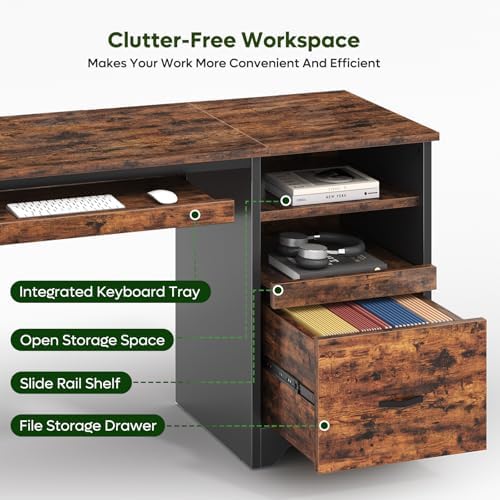 Bestier 47" Computer Desk with Drawers, Home Office Desk with Keyboard Tray, Reversible Industrial Office Desk with Storage Cabinet for Small Space Home Office & Studio, Rustic Brown - Image 4