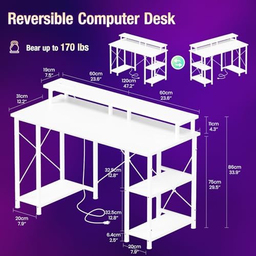 DUMOS 47” Gaming Desk with USB Charging Ports & LED Lights, White - Image 3